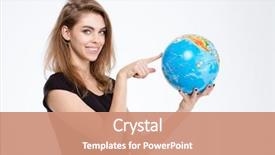  Presentation with woman world - Cool new PPT theme with pointing finger on world globe backdrop and a coral colored foreground