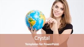  Presentation with woman world - Slides enhanced with pointing finger on world globe background and a coral colored foreground