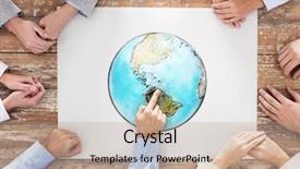  Presentation with team work - Colorful slide set enhanced with pointing finger to earth globe backdrop and a coral colored foreground