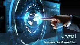  Presentation with mass media - Beautiful PPT layouts featuring pointing finger to virtual earth backdrop and a ocean colored foreground