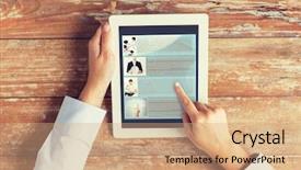  Presentation with article - Amazing PPT theme having pointing finger to webpage article backdrop and a coral colored foreground