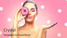  Presentation with girl model - Cool new presentation theme with pointing hand showing products backdrop and a coral colored foreground