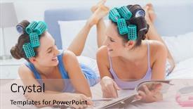  Presentation with farewell of friends - Slide deck consisting of pointing to magazine at sleepover background and a  colored foreground