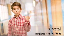  Presentation with wow - Colorful slide set enhanced with pointing up at school corridor backdrop and a coral colored foreground