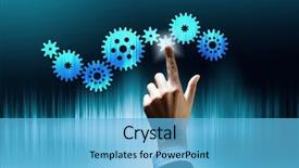 Presentation with human - Slide deck having pointing with finger at gears background and a  colored foreground