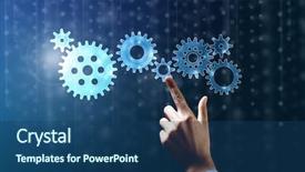  Presentation with human - Cool new PPT theme with pointing with finger at gears backdrop and a  colored foreground