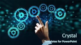  Presentation with human - Beautiful slides featuring pointing with finger at gears backdrop and a navy blue colored foreground