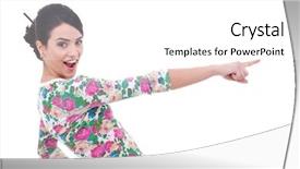  Presentation with belated happy birthday - PPT theme with pointing woman excited happy surprised background and a white colored foreground