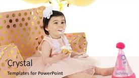  Presentation with first birthday - PPT layouts consisting of adorable baby girl happily sitting with her mouth covered in white cupcake frosting she's surrounded by wrapped gifts balloons and a first birthday party hat on a white background background and a lemonade colored foreground