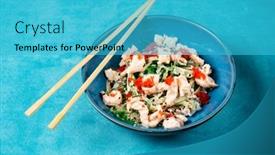  Presentation with hawaiian - Audience pleasing presentation theme consisting of poke-hawaiian-dish-with-chopsticks backdrop and a teal colored foreground