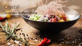  Presentation with noodle - Theme enhanced with poke-with-beef-glass-noodle background and a coral colored foreground