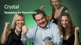  Presentation with poker chips - Amazing slides having poker players in casino with cards and chips on green background backdrop and a ocean colored foreground