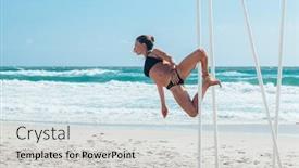  Presentation with pole - PPT theme featuring pole dance outdoors young slim girl doing poledance on the beach over sea background and a light gray colored foreground
