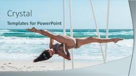 Presentation with pole - Theme enhanced with pole dance outdoors young slim girl doing poledance on the beach over sea background and a sky blue colored foreground