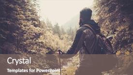  Presentation with hiking mountain - Slides featuring pole land - man with hiking equipment walking background and a coral colored foreground