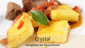  Presentation with white plate - Slide set featuring polenta-with-goulash-on-white background and a yellow colored foreground