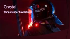  Presentation with riot - Colorful slide deck enhanced with police - policeman with full equipment backdrop and a wine colored foreground