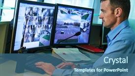  Presentation with video surveillance - PPT theme featuring police - security worker during monitoring video background and a ocean colored foreground
