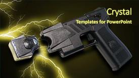  Presentation with gun - Beautiful slide deck featuring police academy - photo of a taser gun backdrop and a wine colored foreground