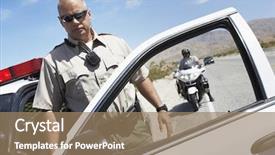  Presentation with aged - Slide deck featuring police cars - middle aged policeman getting background and a coral colored foreground