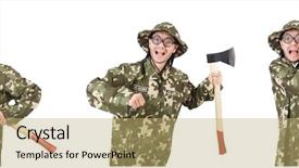  Presentation with collage - Beautiful PPT theme featuring police comics - collage of funny soldier photos backdrop and a  colored foreground