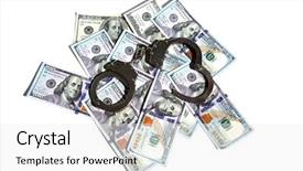  Presentation with hand handcuffs - Presentation having police drug - money with handcuffs american money background and a white colored foreground
