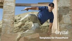  Presentation with police fire - Colorful slides enhanced with police fire - caucasian man jumping over wall backdrop and a coral colored foreground