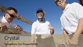  Presentation with five business people standing together and smiling - Presentation theme with police fire - happy troops standing together background and a coral colored foreground