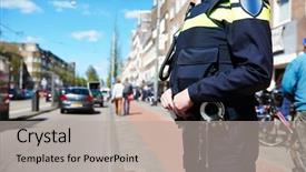  Presentation with security officer - Presentation featuring police officer - city security and safety policeman background and a light gray colored foreground