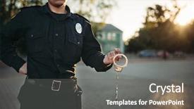  Presentation with police - Audience pleasing PPT theme consisting of police officer holds handcuffs backdrop and a gray colored foreground