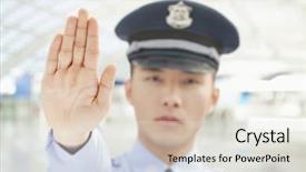  Presentation with correction officer - Amazing PPT theme having police officer motioning to stop backdrop and a light gray colored foreground