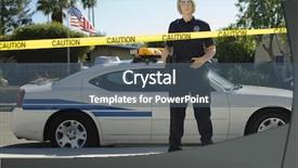  Presentation with caution - Amazing PPT theme having police officer standing behind yellow backdrop and a ocean colored foreground