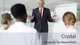  Presentation with crime - Cool new PPT theme with police report - successful coach or boss standing backdrop and a light blue colored foreground