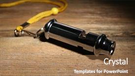 Presentation with whistle - PPT theme enhanced with police sounds - sport metal whistle on wooden background and a coral colored foreground