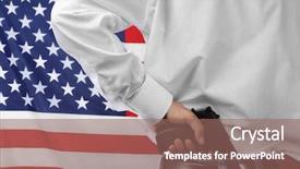  Presentation with charging gun man hands charging - Presentation theme having police state - man with gun tucked background and a violet colored foreground