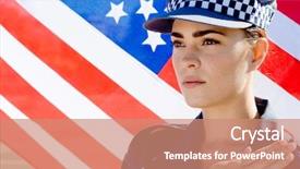  Presentation with usa flag and energy - Presentation theme enhanced with police state - portrait of caucasian policewoman pledging background and a  colored foreground