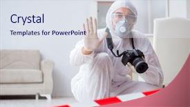  Presentation with crime scene investigation - Audience pleasing PPT theme consisting of police stop search - forensic expert at crime scene backdrop and a  colored foreground