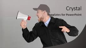  Presentation with security guard - Presentation design having police stress - male security guard with megaphone background and a light gray colored foreground