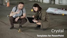  Presentation with crime scene investigation - PPT theme with policeman-showing-evidence-in-metal background and a dark gray colored foreground