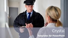  Presentation with wife - PPT layouts with policeman talks to wife at witness interview at the front door after a burglary background and a gray colored foreground