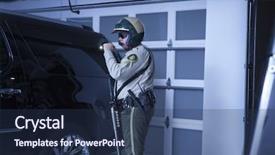  Presentation with garage car - PPT theme enhanced with policeman with flashlight investigating car background and a ocean colored foreground