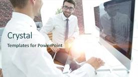  Presentation with employee profile company concept - Beautiful PPT theme featuring corporate management policy - company's employees at the workplace backdrop and a sky blue colored foreground