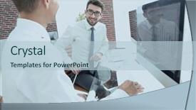  Presentation with employee profile company concept - Theme having corporate management policy - company's employees at the workplace background and a  colored foreground