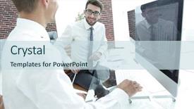  Presentation with employee profile company concept - PPT theme featuring corporate management policy - company's employees at the workplace background and a  colored foreground