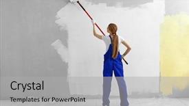  Presentation with painting - Amazing PPT theme having poliethylene - beautiful young woman painting wall backdrop and a light gray colored foreground