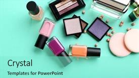  Presentation with cosmetics - Cool new PPT theme with polished - cosmetics set on turquoise background backdrop and a seafoam green colored foreground