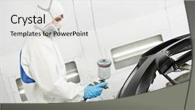  Presentation with mechanic shop - Presentation design having auto mechanic worker polishing car headlight at automobile repair and renew service station shop background and a white colored foreground