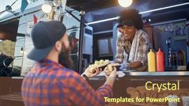  Presentation with food service - PPT theme featuring polite-afro-american-female-employee background and a tawny brown colored foreground