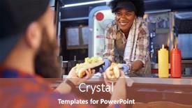  Presentation with food service - Colorful slides enhanced with polite-afro-american-woman-employee backdrop and a red colored foreground