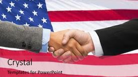  Presentation with politics - Slide deck consisting of partnership politics gesture and people concept - close up of handshake over american national flag background background and a red colored foreground